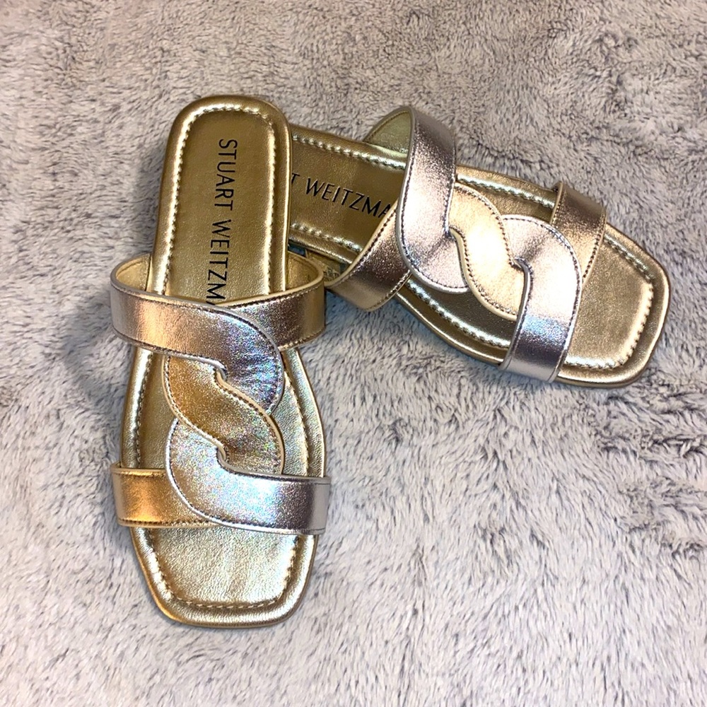 Stuart Weitzman Ibiza Slide Sandals - Light Gold and Silver- size 8 - NWOT